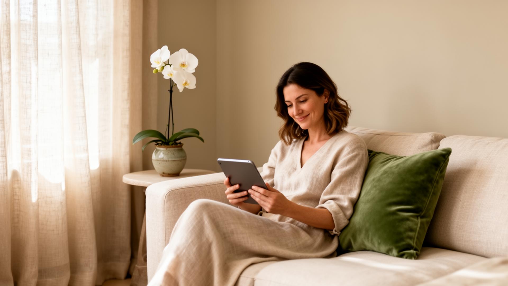 Mulher relaxada em sua casa durante consulta online com profissional de saúde