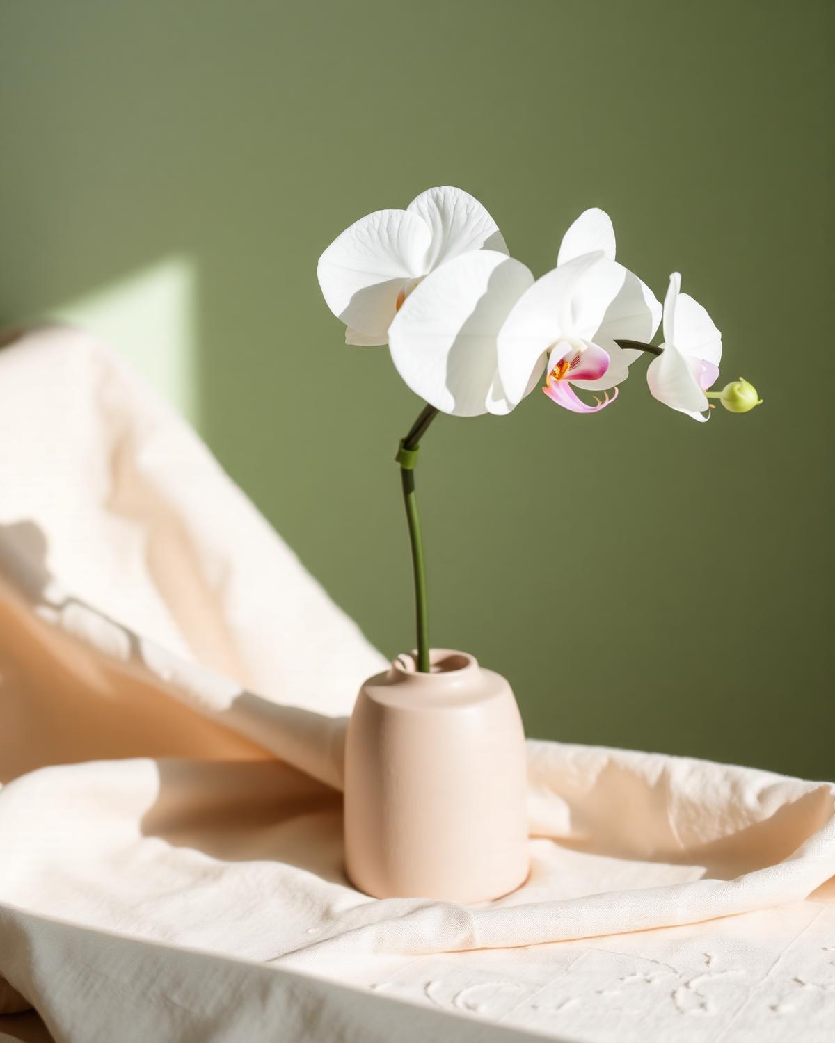 Orquídea branca em vaso de cerâmica, símbolo da Orchid Clin